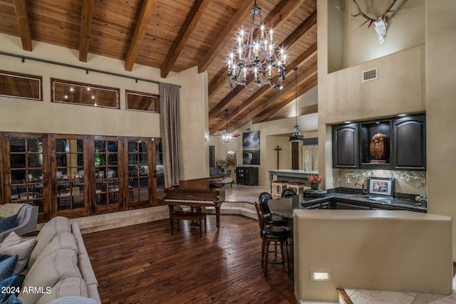 living room with visible vents, a chandelier, wood ceiling, beam ceiling, and hardwood / wood-style flooring