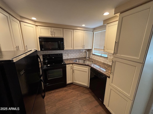 1825 W Ray Rd Unit 2082, Chandler, AZ 85224 - kitchen featuring black appliances, white cabinetry, dark wood-style flooring, decorative backsplash, and recessed lighting