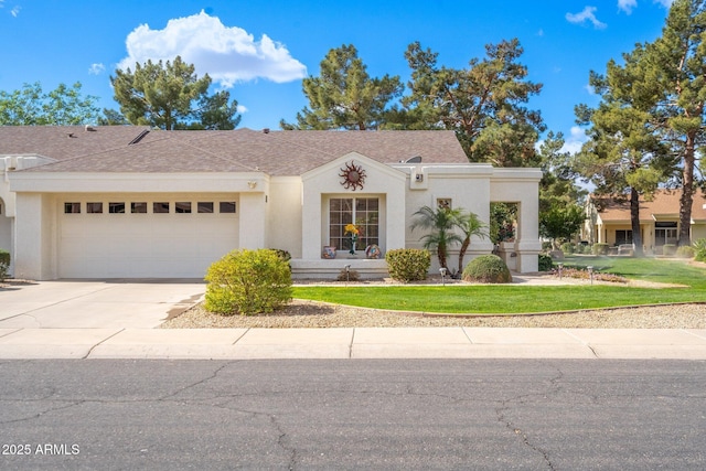 view of front facade with roof with shingles, an attached garage, stucco siding, concrete driveway, and a front lawn