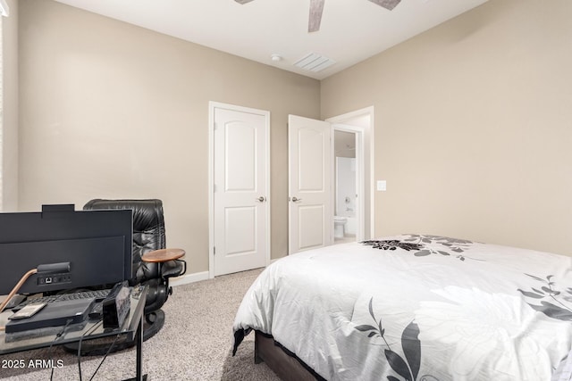 bedroom featuring ceiling fan and carpet