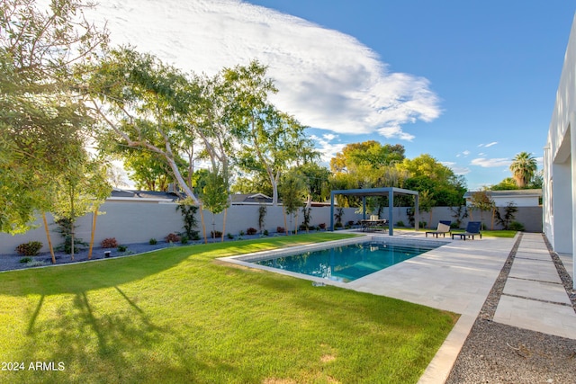 view of pool with a fenced in pool, a yard, a patio area, a pergola, and a fenced backyard