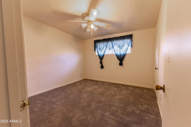 unfurnished room with carpet, ceiling fan, and baseboards