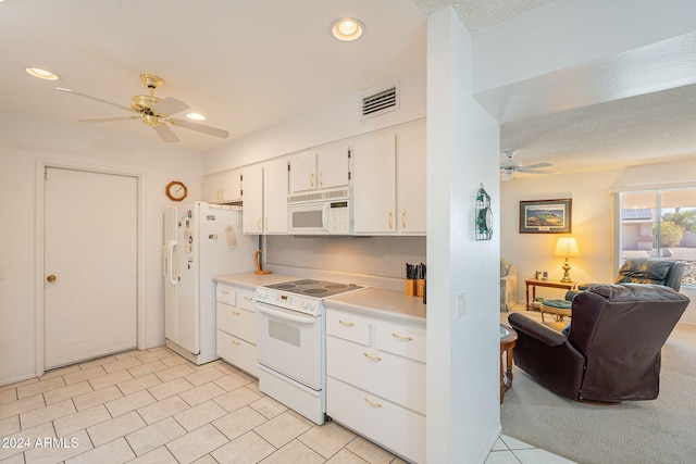 kitchen with white cabinets, white appliances, and ceiling fan