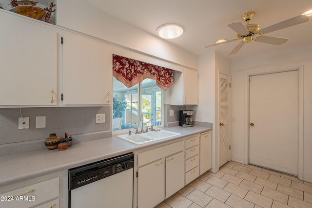 kitchen featuring sink, white dishwasher, ceiling fan, white cabinets, and decorative backsplash