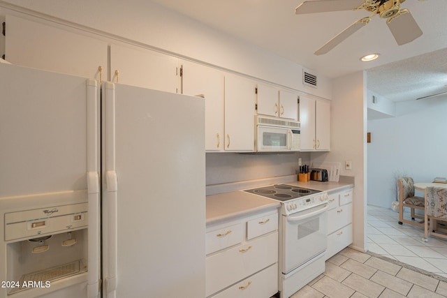 kitchen with white cabinets, ceiling fan, a textured ceiling, and white appliances