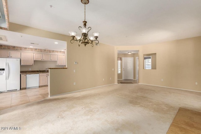 unfurnished living room with visible vents, baseboards, light colored carpet, light tile patterned flooring, and a notable chandelier