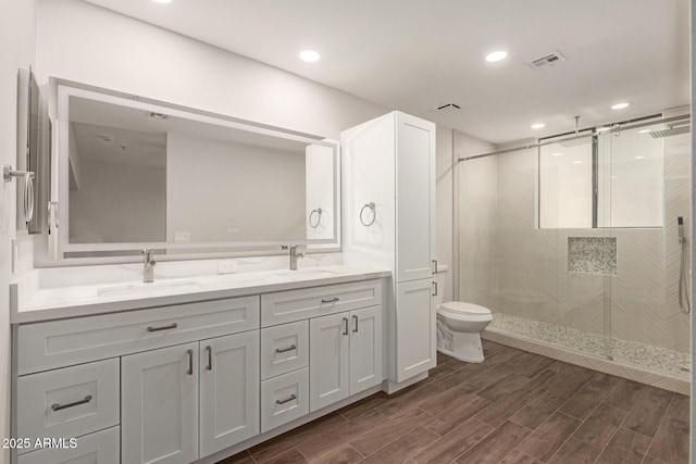 bathroom featuring double vanity, a sink, a stall shower, and toilet
