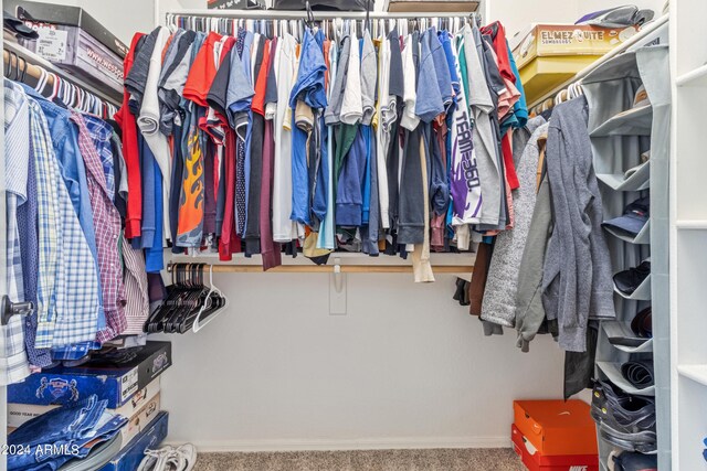 walk in closet featuring carpet flooring