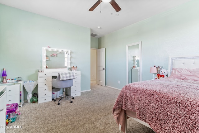 bedroom with light colored carpet and ceiling fan