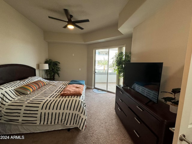 carpeted bedroom with access to outside and ceiling fan