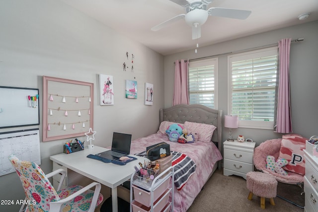 carpeted bedroom featuring ceiling fan