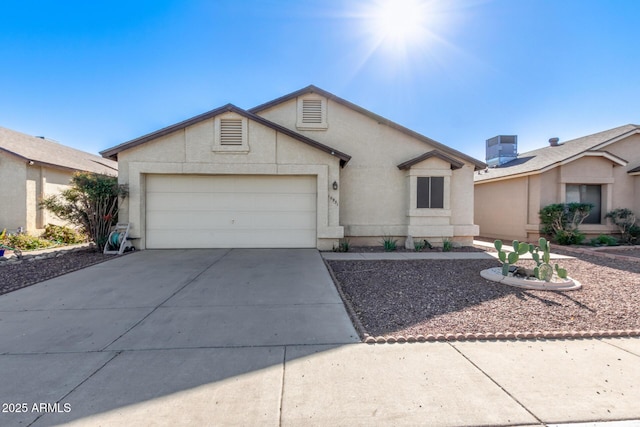 ranch-style home with a garage and cooling unit