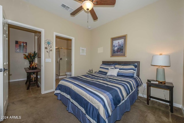 bedroom featuring ceiling fan, connected bathroom, and dark colored carpet