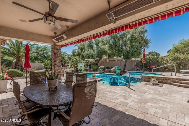 2361 E Everglade Ct, Chandler, AZ 85249 - view of patio featuring a fenced backyard, ceiling fan, a fenced in pool, and outdoor dining area