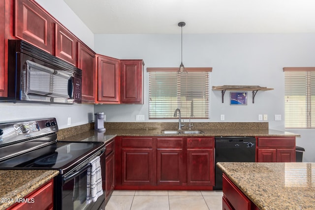 kitchen featuring a sink, dark brown cabinets, light tile patterned floors, black appliances, and open shelves