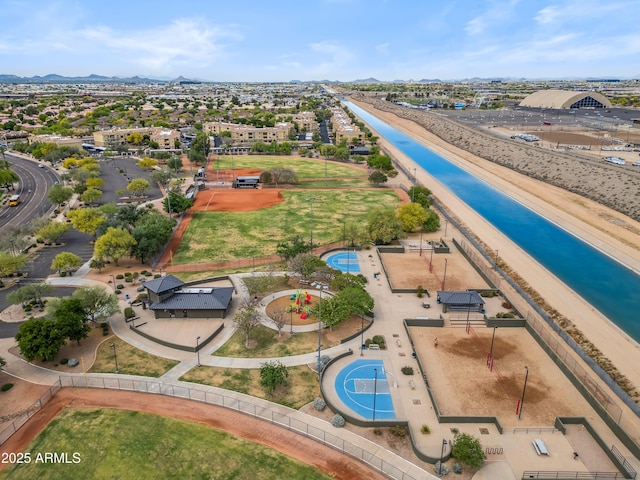 bird's eye view of a water and mountain view