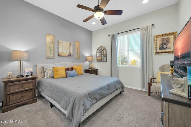 carpeted bedroom with ceiling fan