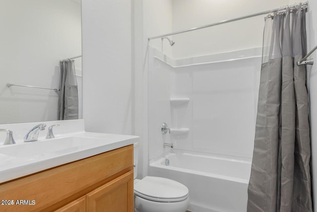 full bathroom with toilet, vanity, and shower / bathtub combination with curtain