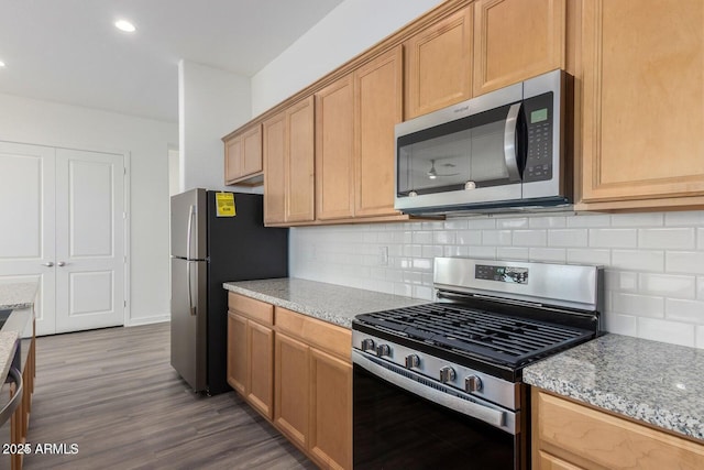 kitchen featuring light stone counters, tasteful backsplash, stainless steel appliances, and dark hardwood / wood-style floors