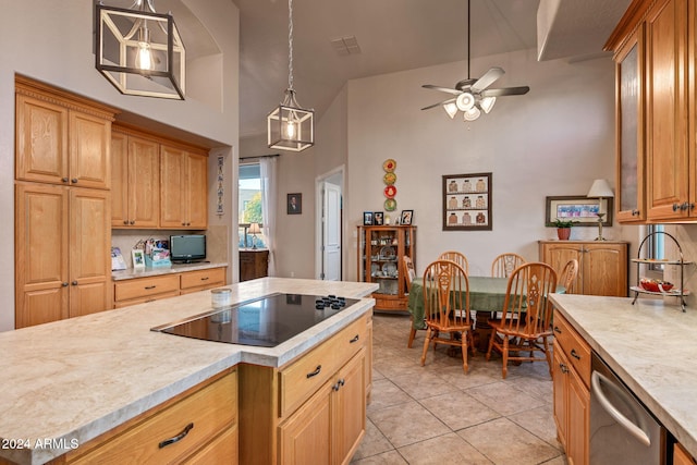 kitchen with ceiling fan, dishwasher, hanging light fixtures, black electric stovetop, and light tile patterned flooring