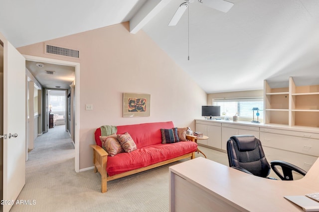 carpeted office space with ceiling fan and vaulted ceiling with beams