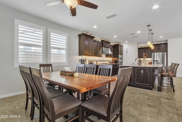 dining area with visible vents, recessed lighting, a ceiling fan, and baseboards