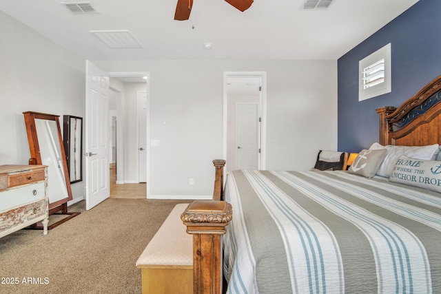 bedroom with a ceiling fan, carpet, visible vents, and baseboards