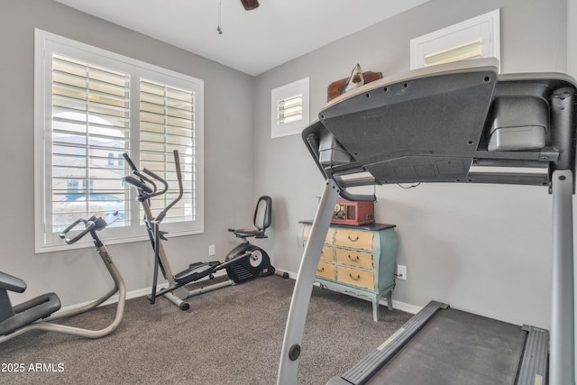 workout room featuring ceiling fan, carpet, and baseboards