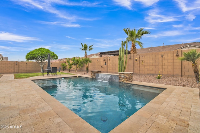 view of swimming pool with a patio, a fenced backyard, and a fenced in pool