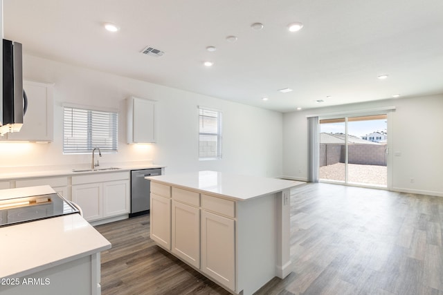 kitchen with white cabinetry, sink, a center island, and stainless steel dishwasher