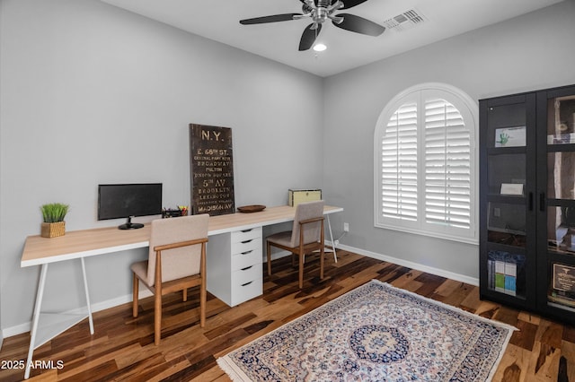 3603 E Salter Dr, Phoenix, AZ 85050 - home office featuring visible vents, ceiling fan, wood finished floors, and baseboards