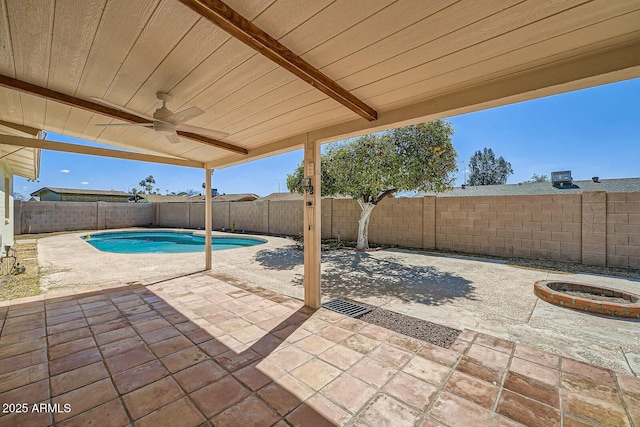 view of pool with a fenced backyard, a fenced in pool, a ceiling fan, and a patio