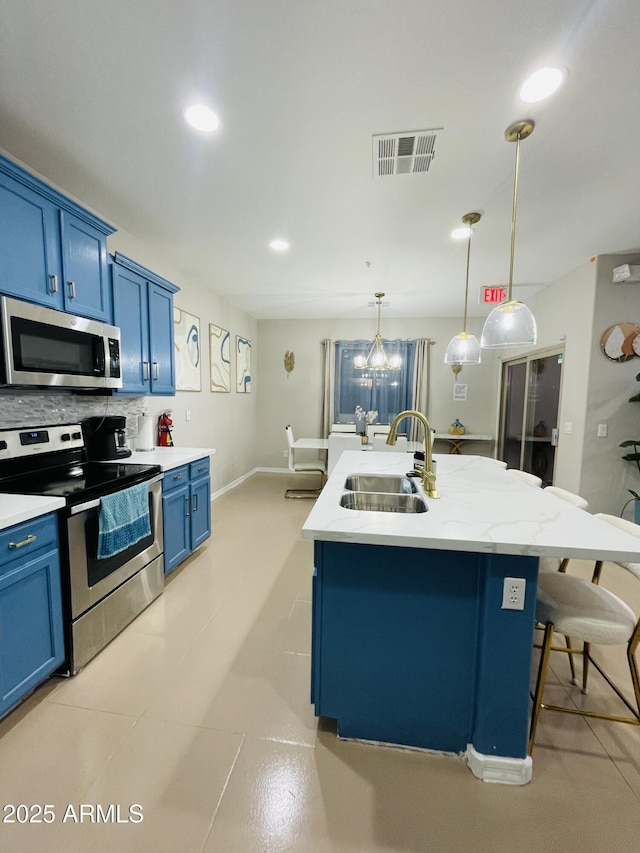 7136 N 73rd Dr, Glendale, AZ 85303 - kitchen with blue cabinetry, visible vents, a sink, stainless steel appliances, and a center island with sink