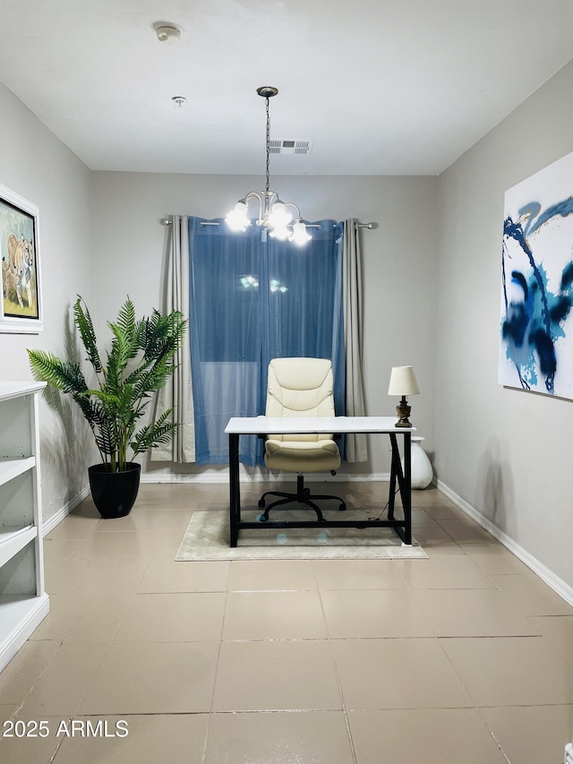 7136 N 73rd Dr, Glendale, AZ 85303 - tiled home office featuring a chandelier, visible vents, and baseboards