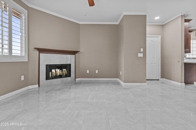 16013 S Desert Foothills Pkwy Unit 2120, Phoenix, AZ 85048 - unfurnished living room with baseboards, a fireplace, ornamental molding, and a ceiling fan