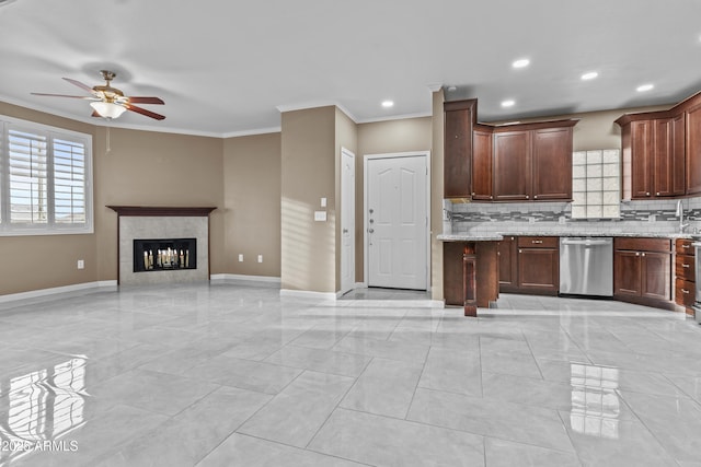 16013 S Desert Foothills Pkwy Unit 2120, Phoenix, AZ 85048 - kitchen with a ceiling fan, baseboards, ornamental molding, decorative backsplash, and stainless steel dishwasher