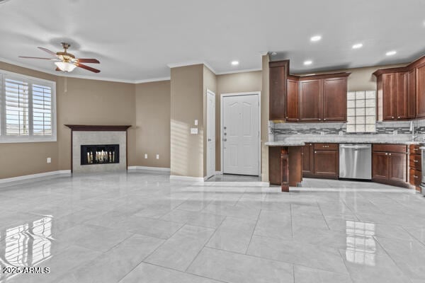 16013 S Desert Foothills Pkwy Unit 2120, Phoenix, AZ 85048 - kitchen featuring ornamental molding, a ceiling fan, decorative backsplash, baseboards, and dishwasher