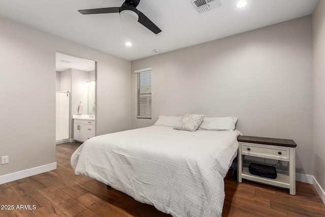 40470 W Agave Rd, Maricopa, AZ 85138 - bedroom featuring baseboards, wood finished floors, recessed lighting, connected bathroom, and a ceiling fan