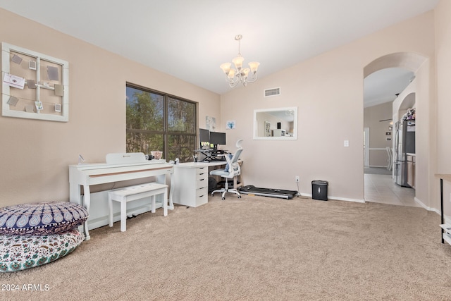 miscellaneous room with lofted ceiling, light carpet, and a chandelier