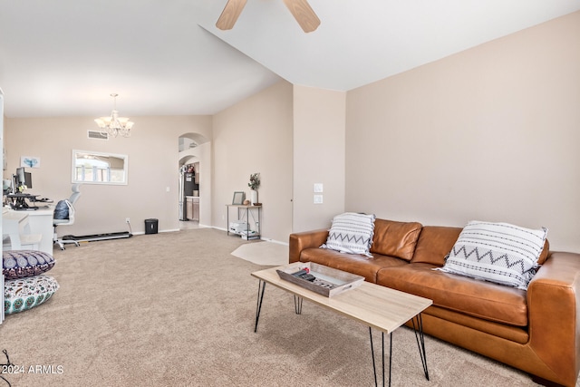 carpeted living room with vaulted ceiling and ceiling fan with notable chandelier