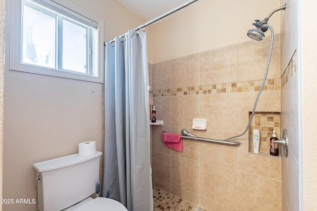 bathroom with toilet and a stall shower