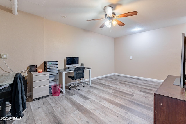 office with light wood finished floors, ceiling fan, and baseboards