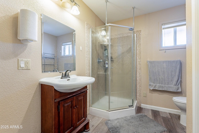 full bathroom featuring toilet, a shower stall, wood finished floors, and vanity