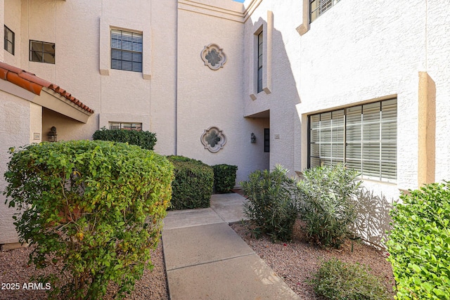 doorway to property with stucco siding