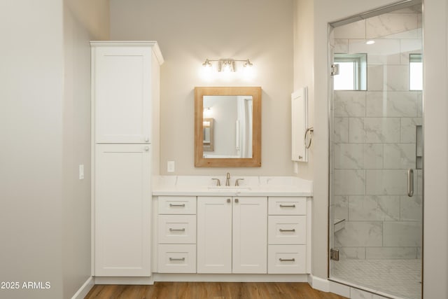 14110 E Hard Rock Rd, Prescott Valley, AZ 86315 - full bath with a stall shower, wood finished floors, vanity, and baseboards