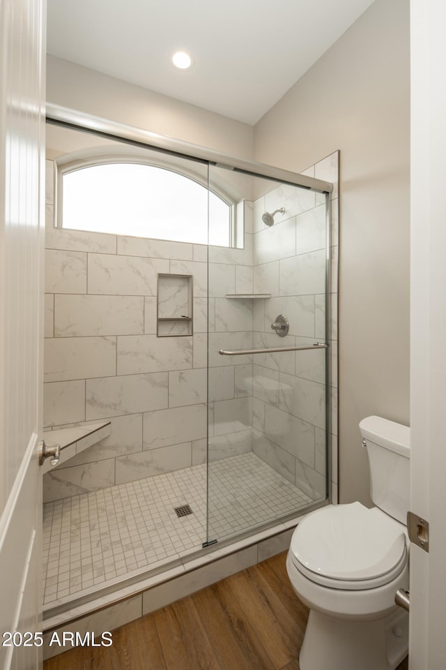 14110 E Hard Rock Rd, Prescott Valley, AZ 86315 - bathroom featuring toilet, a shower stall, wood finished floors, and recessed lighting