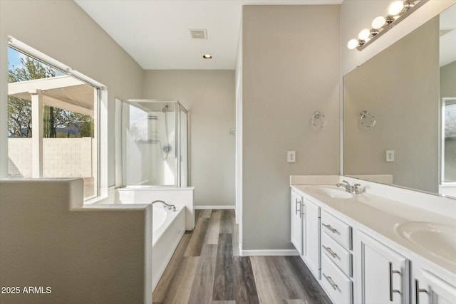 6658 E San Cristobal Way, Gold Canyon, AZ 85118 - full bathroom with a stall shower, wood finished floors, a garden tub, double vanity, and baseboards