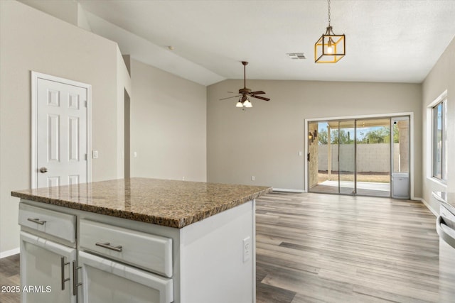 6658 E San Cristobal Way, Gold Canyon, AZ 85118 - kitchen with vaulted ceiling, a ceiling fan, open floor plan, a center island, and light wood-style floors