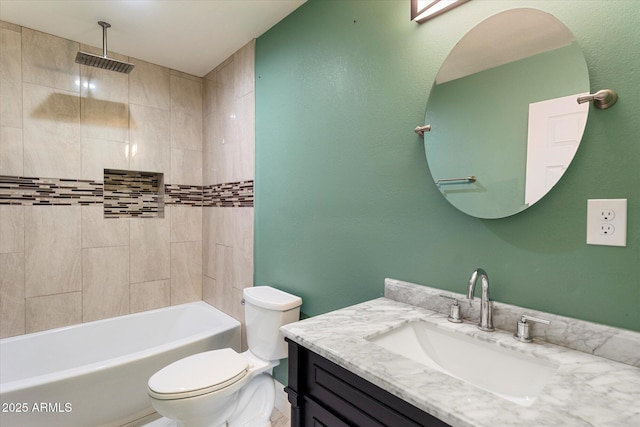 full bath with a combined bath / shower with rainfall shower, toilet, and vanity