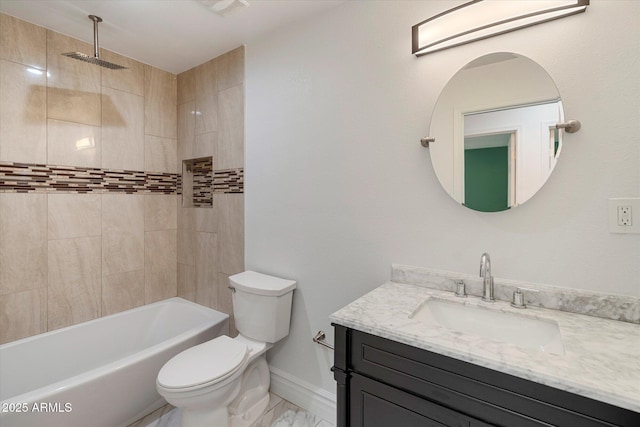 bathroom with baseboards, toilet, vanity, a combined bath / shower with rainfall shower, and marble finish floor